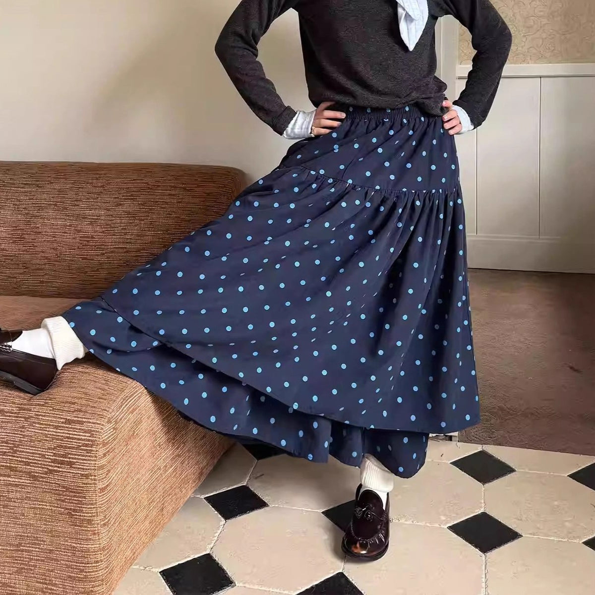 Polka Dot Gathered High Waist Maxi Skirt - Blue