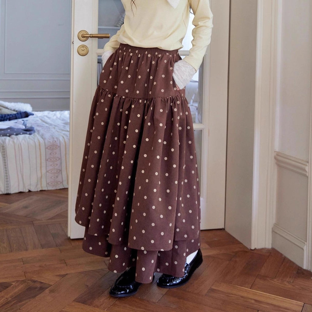 Polka Dot Gathered High Waist Maxi Skirt - Coffee