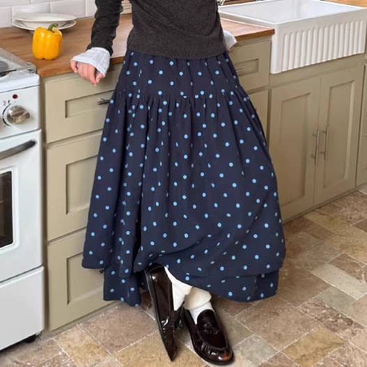 Polka Dot Gathered High Waist Maxi Skirt