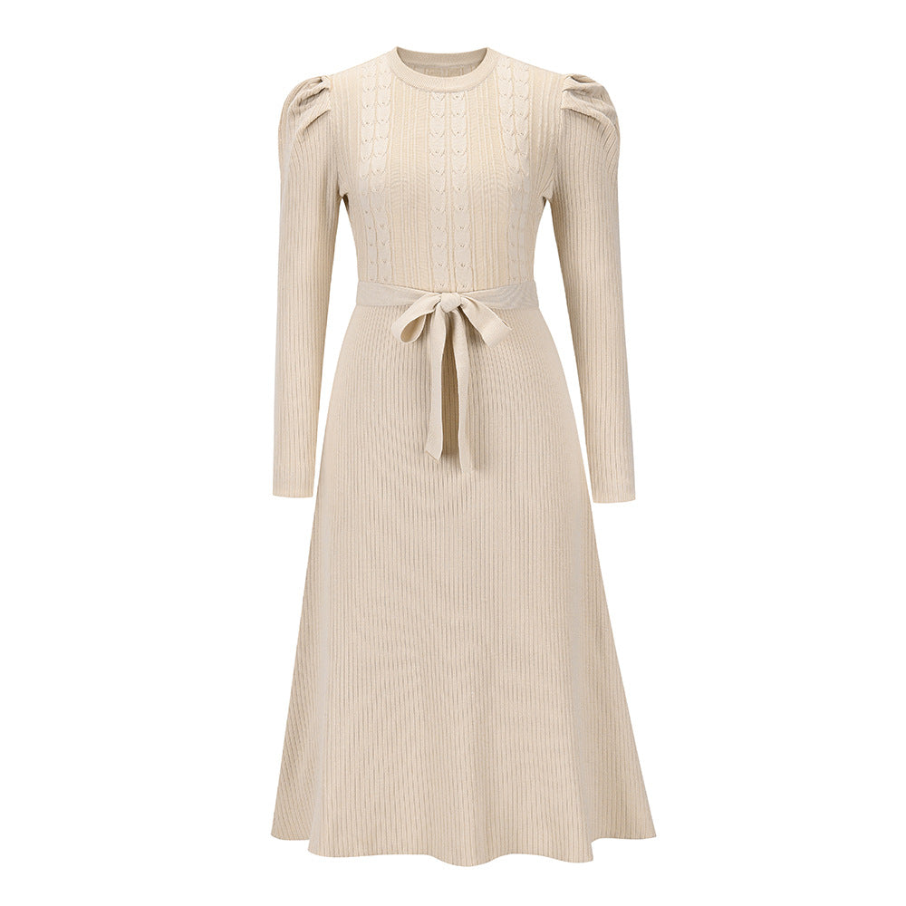 Puff Sleeve Belted Knit Midi Sweater Dress - Apricot