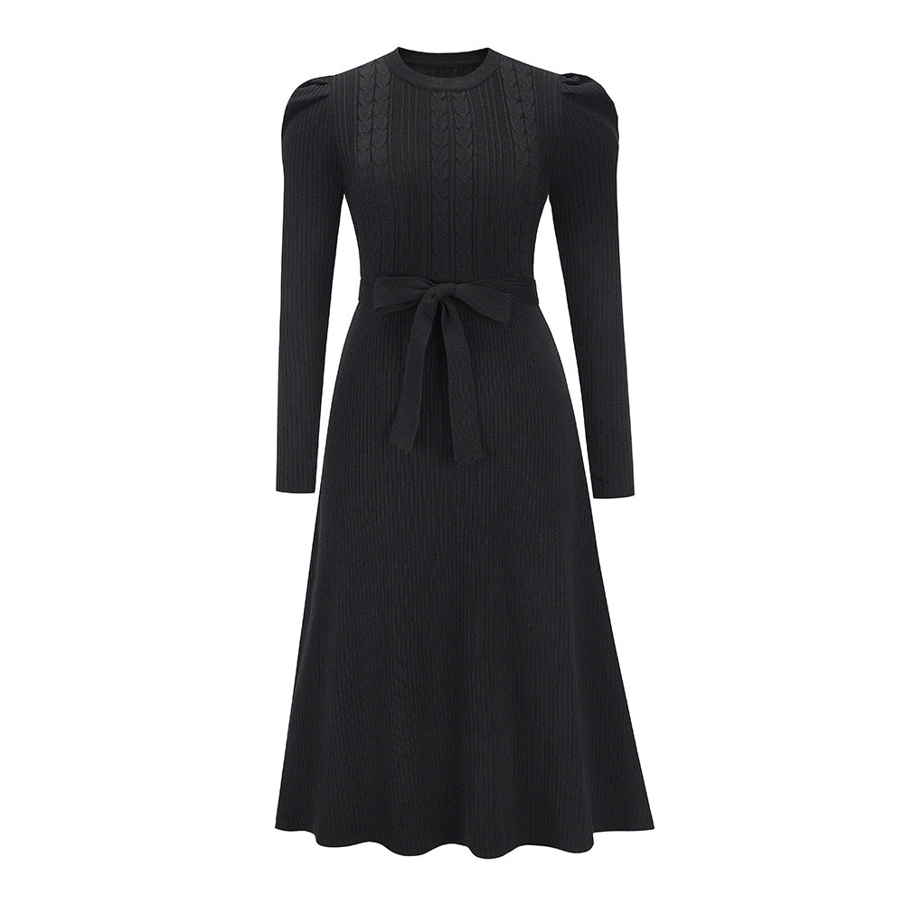 Puff Sleeve Belted Knit Midi Sweater Dress - Black