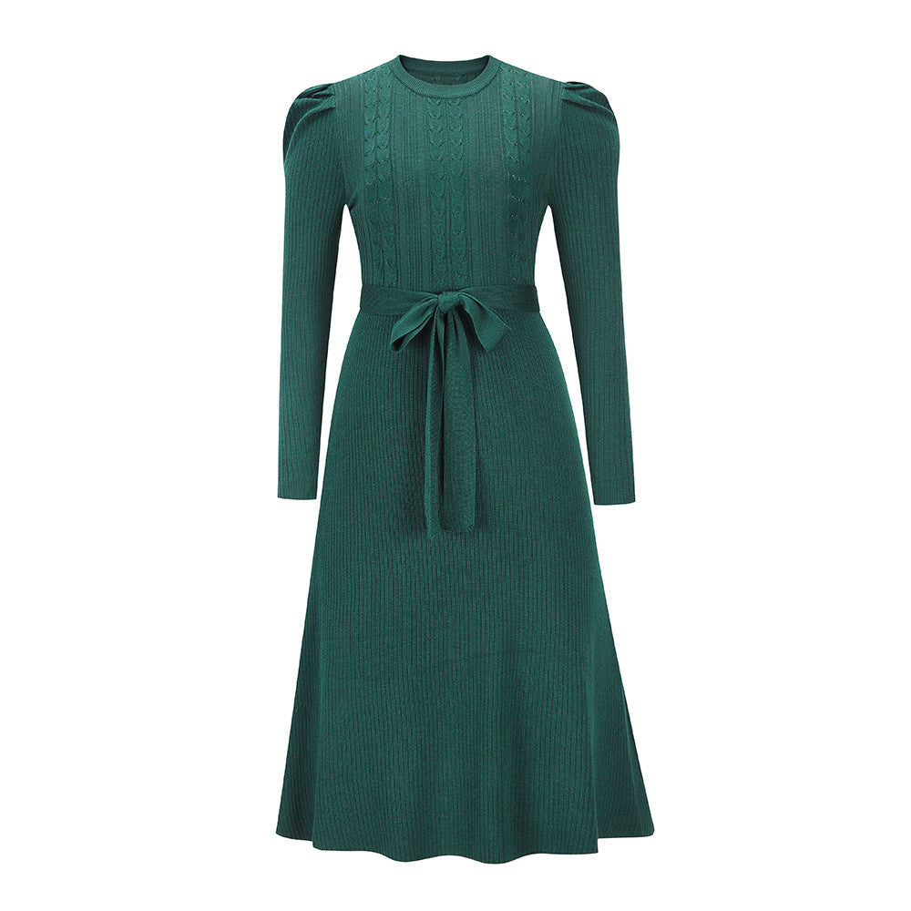 Puff Sleeve Belted Knit Midi Sweater Dress - Green