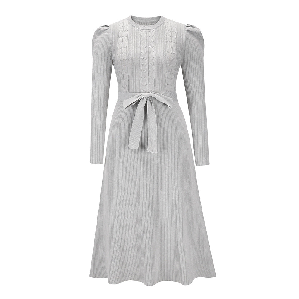 Puff Sleeve Belted Knit Midi Sweater Dress - Grey