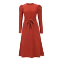 Puff Sleeve Belted Knit Midi Sweater Dress - Red