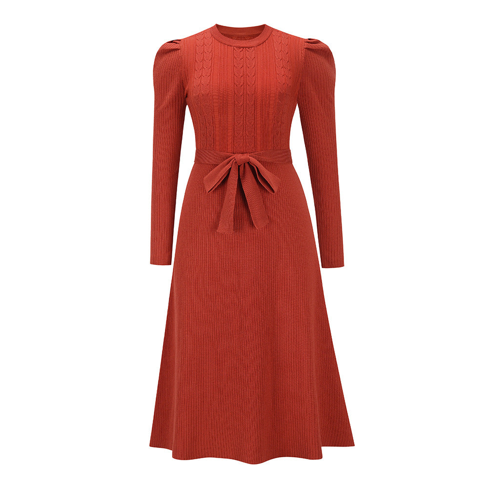 Puff Sleeve Belted Knit Midi Sweater Dress - Red
