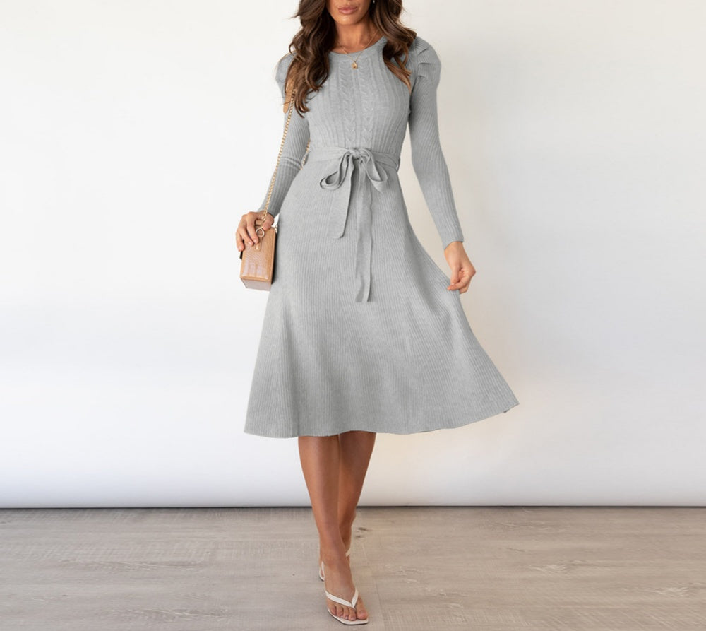 Puff Sleeve Belted Knit Midi Sweater Dress - view 2