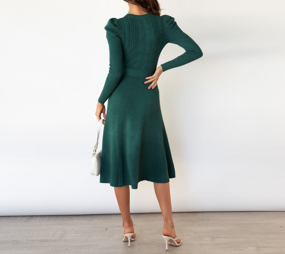 Puff Sleeve Belted Knit Midi Sweater Dress - view 3