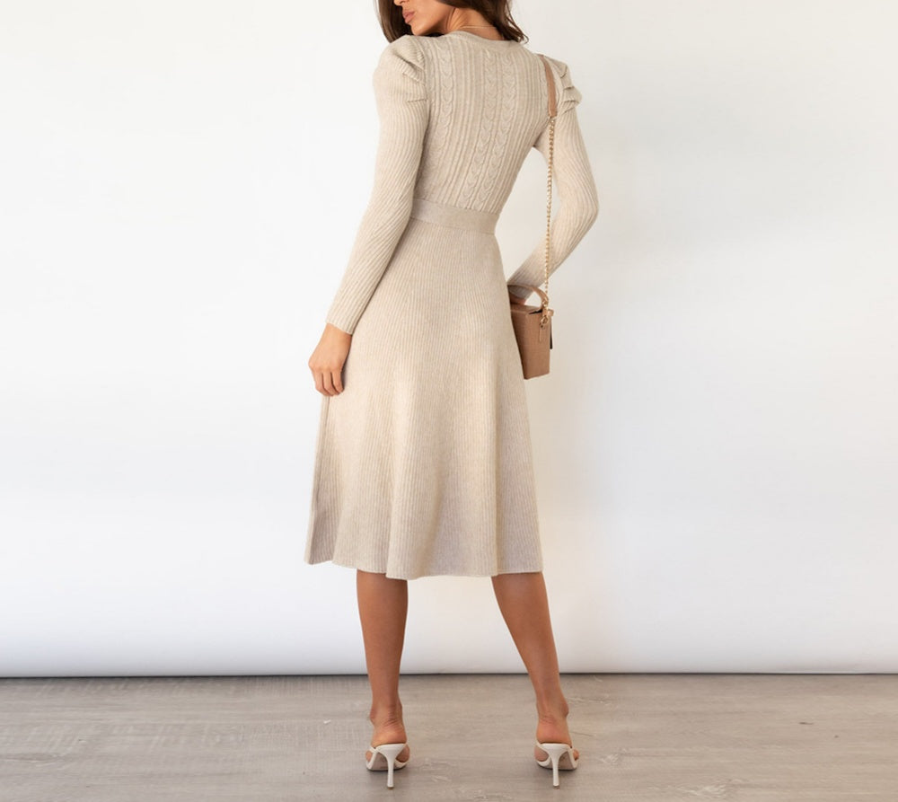 Puff Sleeve Belted Knit Midi Sweater Dress - view 4