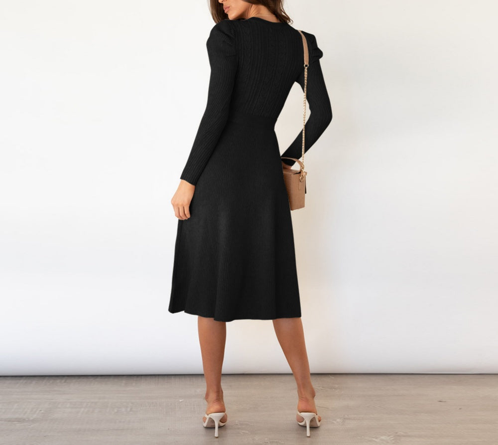 Puff Sleeve Belted Knit Midi Sweater Dress - view 5