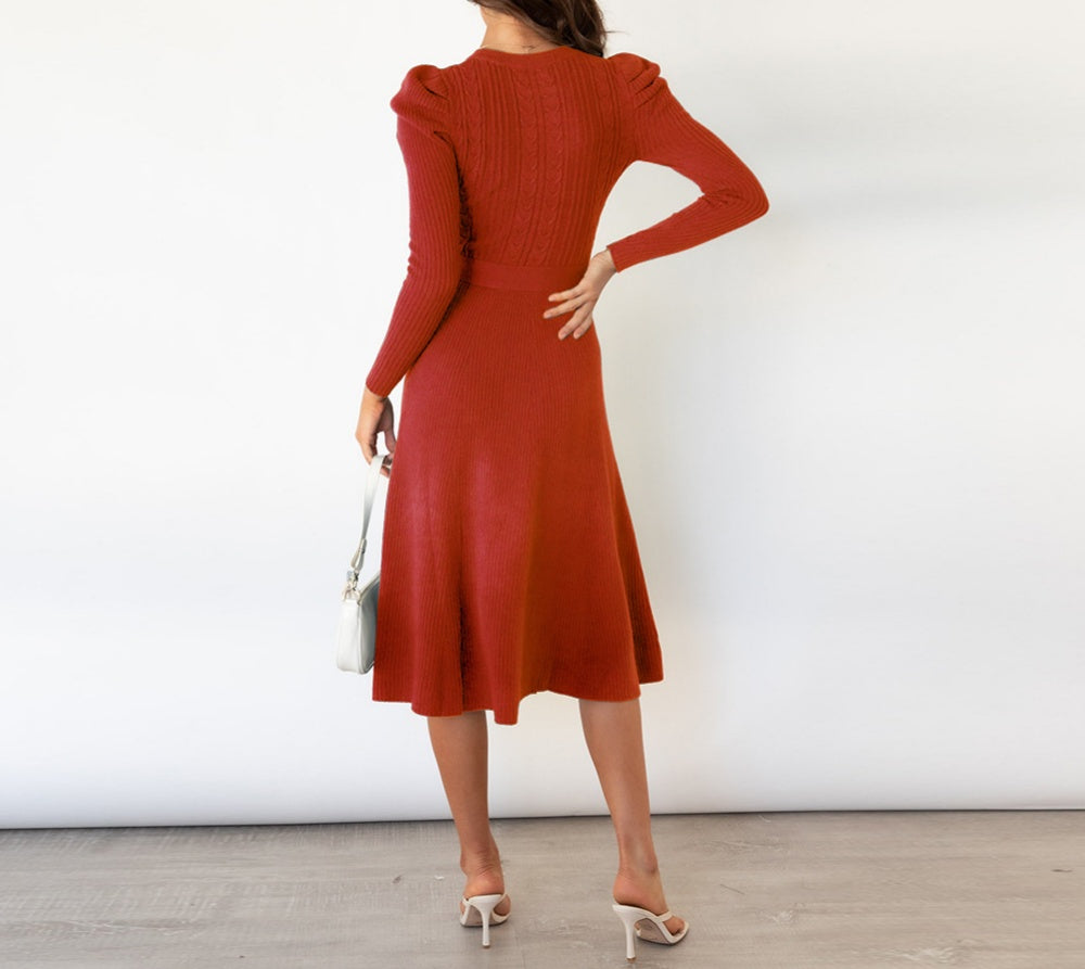 Puff Sleeve Belted Knit Midi Sweater Dress - view 6