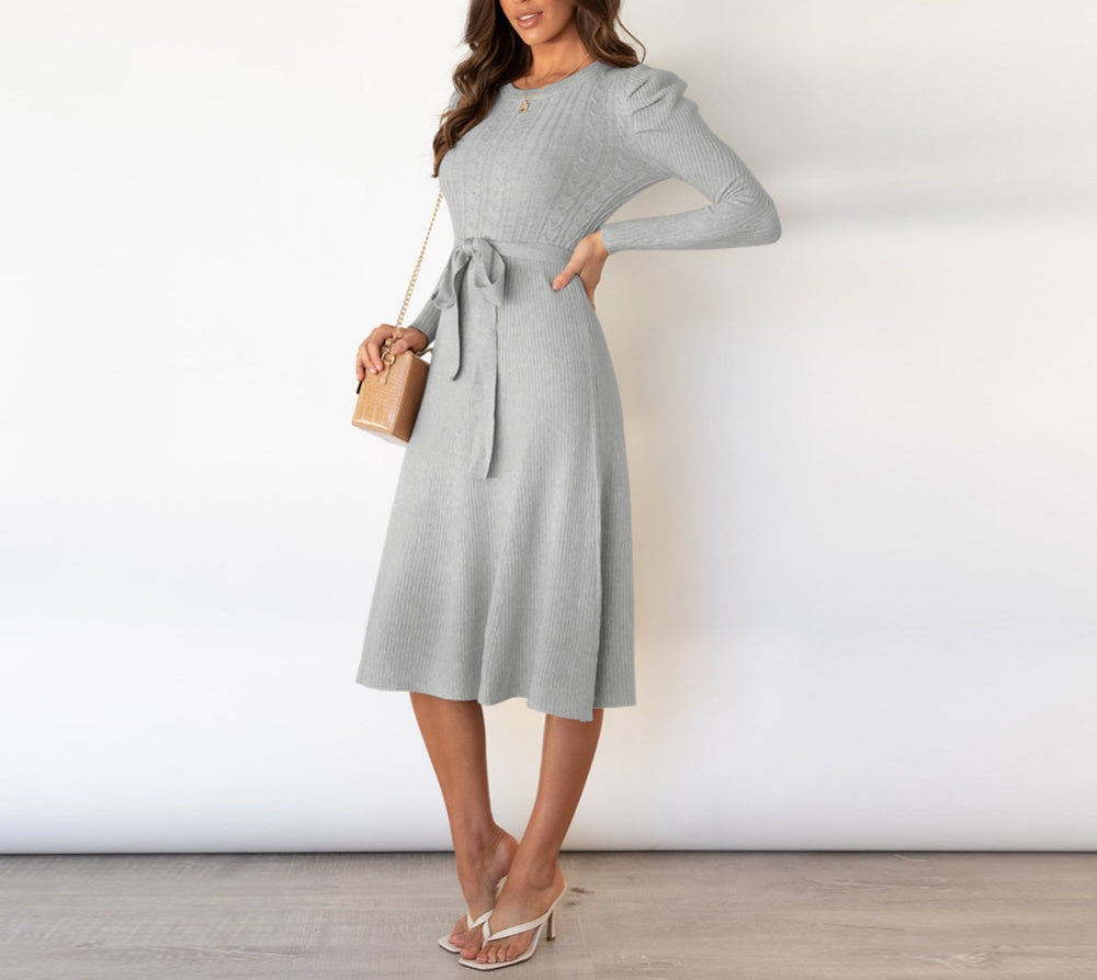 Puff Sleeve Belted Knit Midi Sweater Dress - view 7