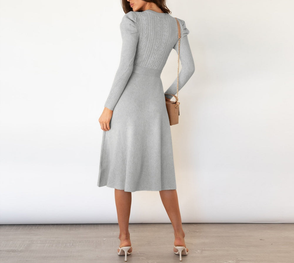 Puff Sleeve Belted Knit Midi Sweater Dress - view 8