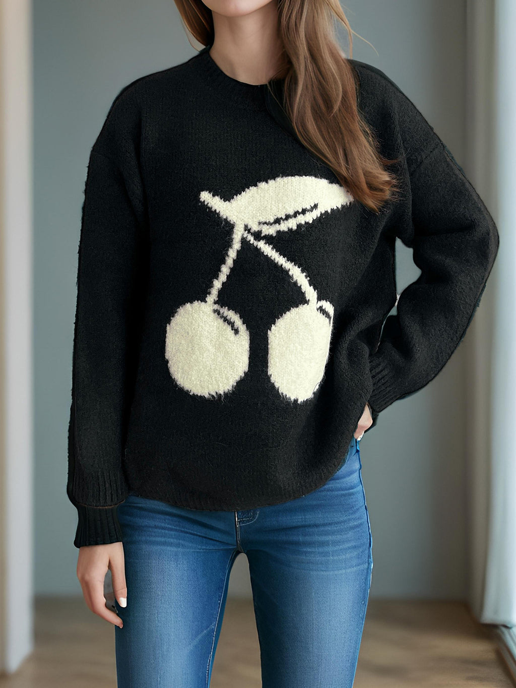 Cherry Motif Oversized Knit Sweater - Black - 1
