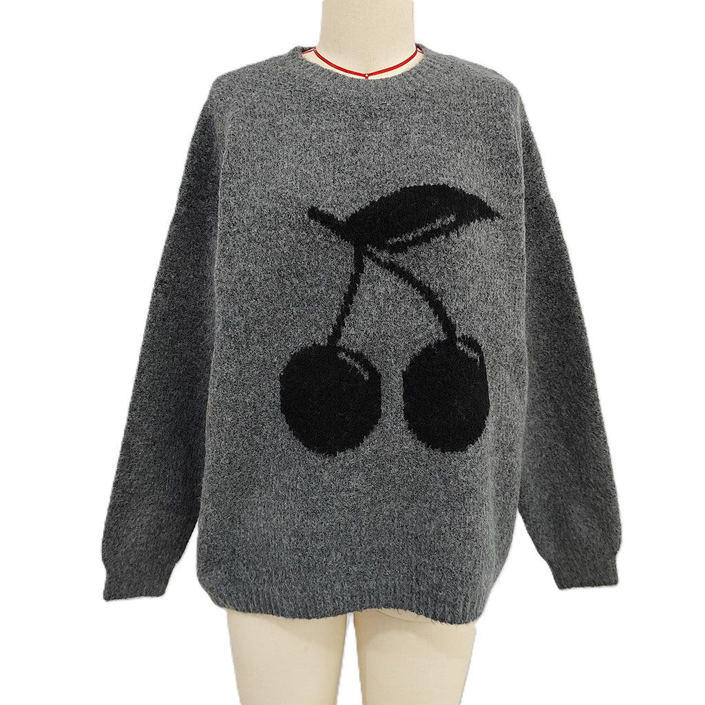Cherry Motif Oversized Knit Sweater - Grey