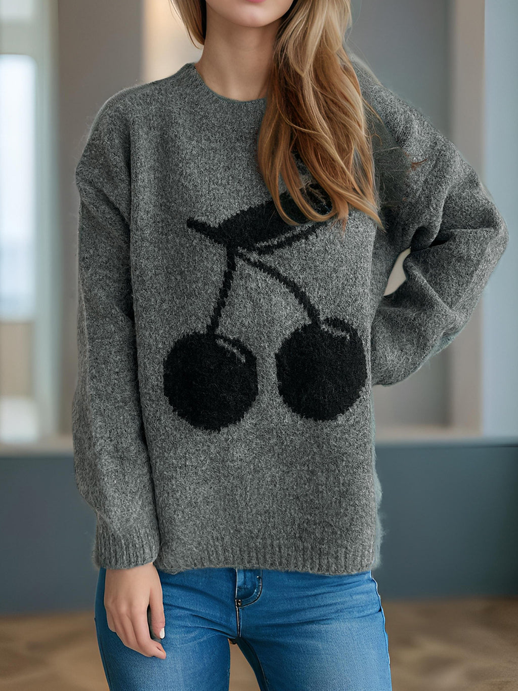Cherry Motif Oversized Knit Sweater - Grey - 1