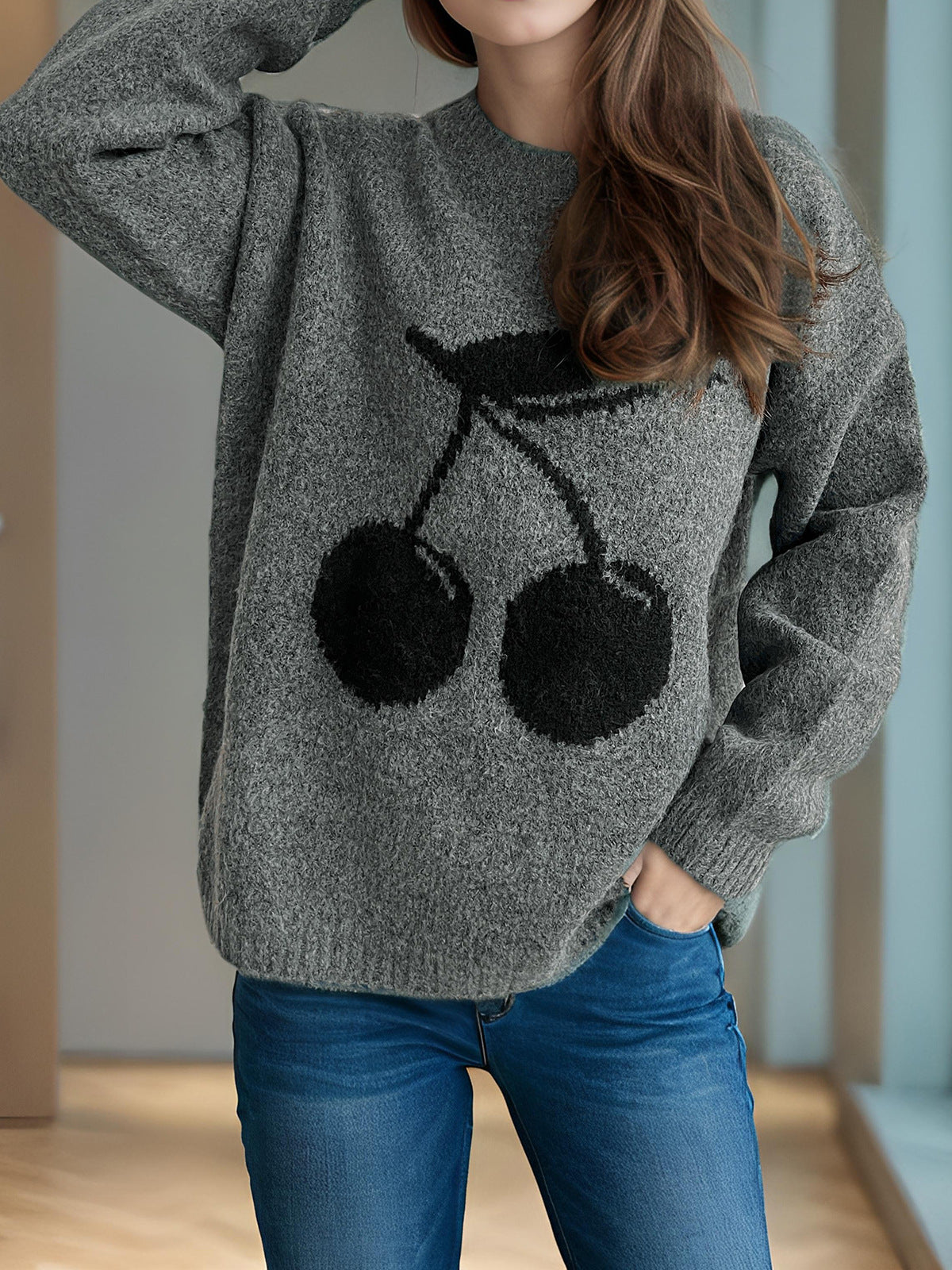 Cherry Motif Oversized Knit Sweater - Grey - 2