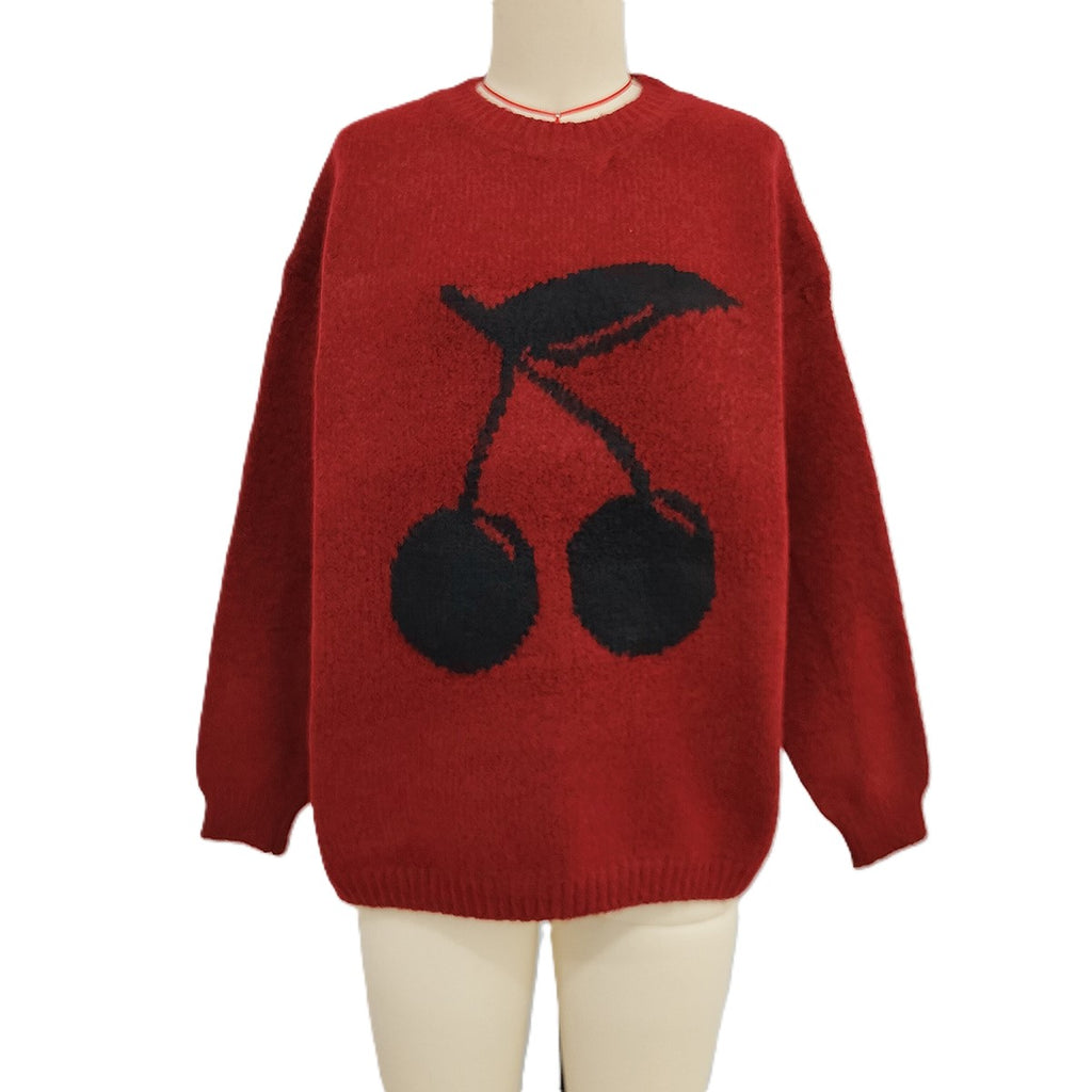 Cherry Motif Oversized Knit Sweater - Red