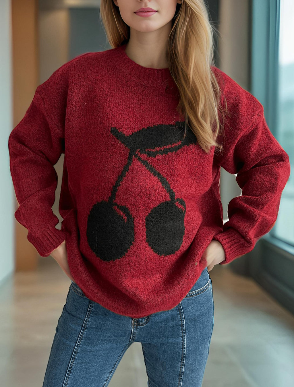 Cherry Motif Oversized Knit Sweater - Red - 2