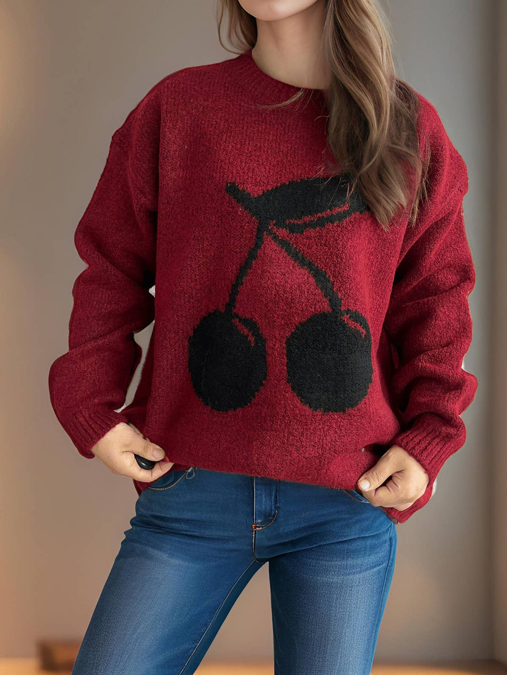 Cherry Motif Oversized Knit Sweater