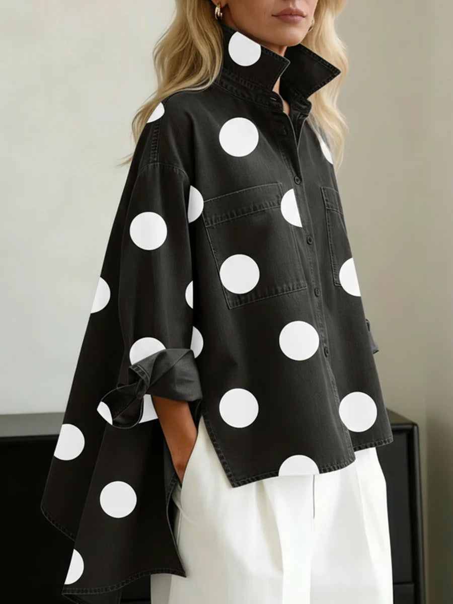 Oversized Spot Print Denim Shirt - Black