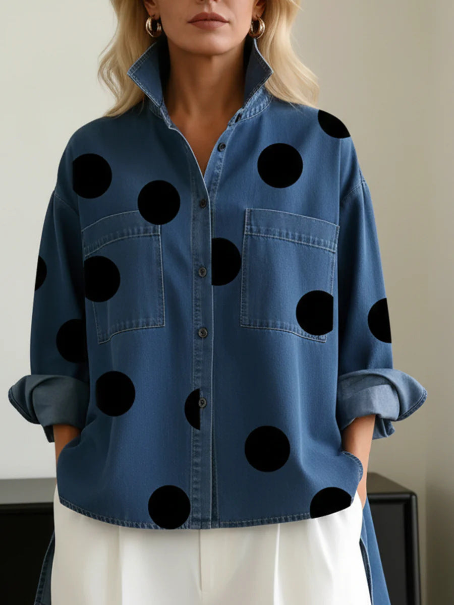Oversized Spot Print Denim Shirt - Blue