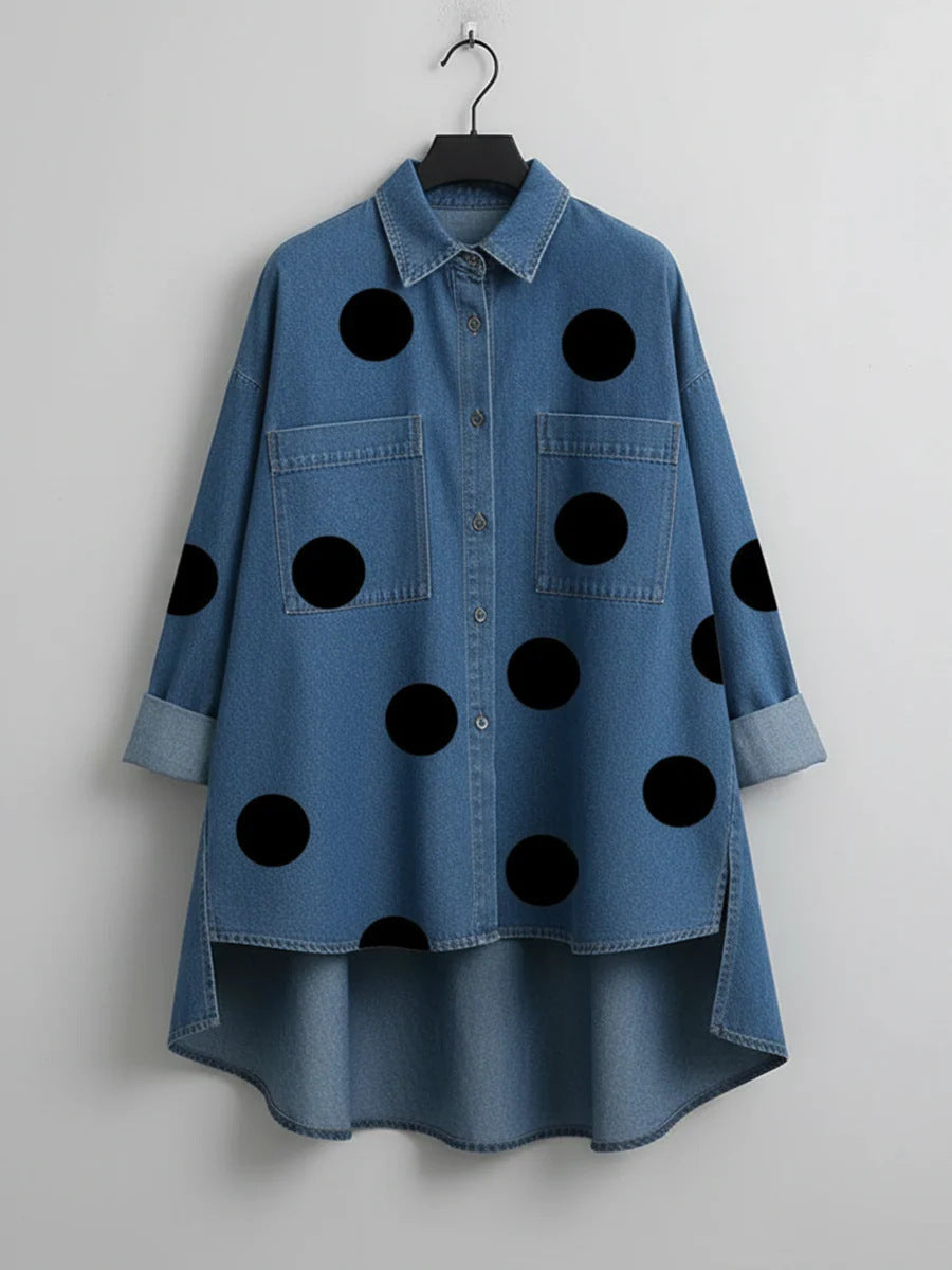 Oversized Spot Print Denim Shirt - Blue - 1