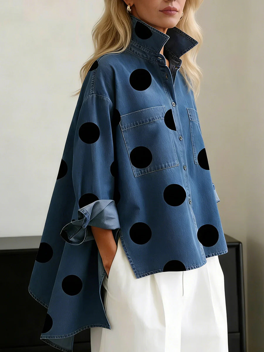 Oversized Spot Print Denim Shirt - Blue - 2
