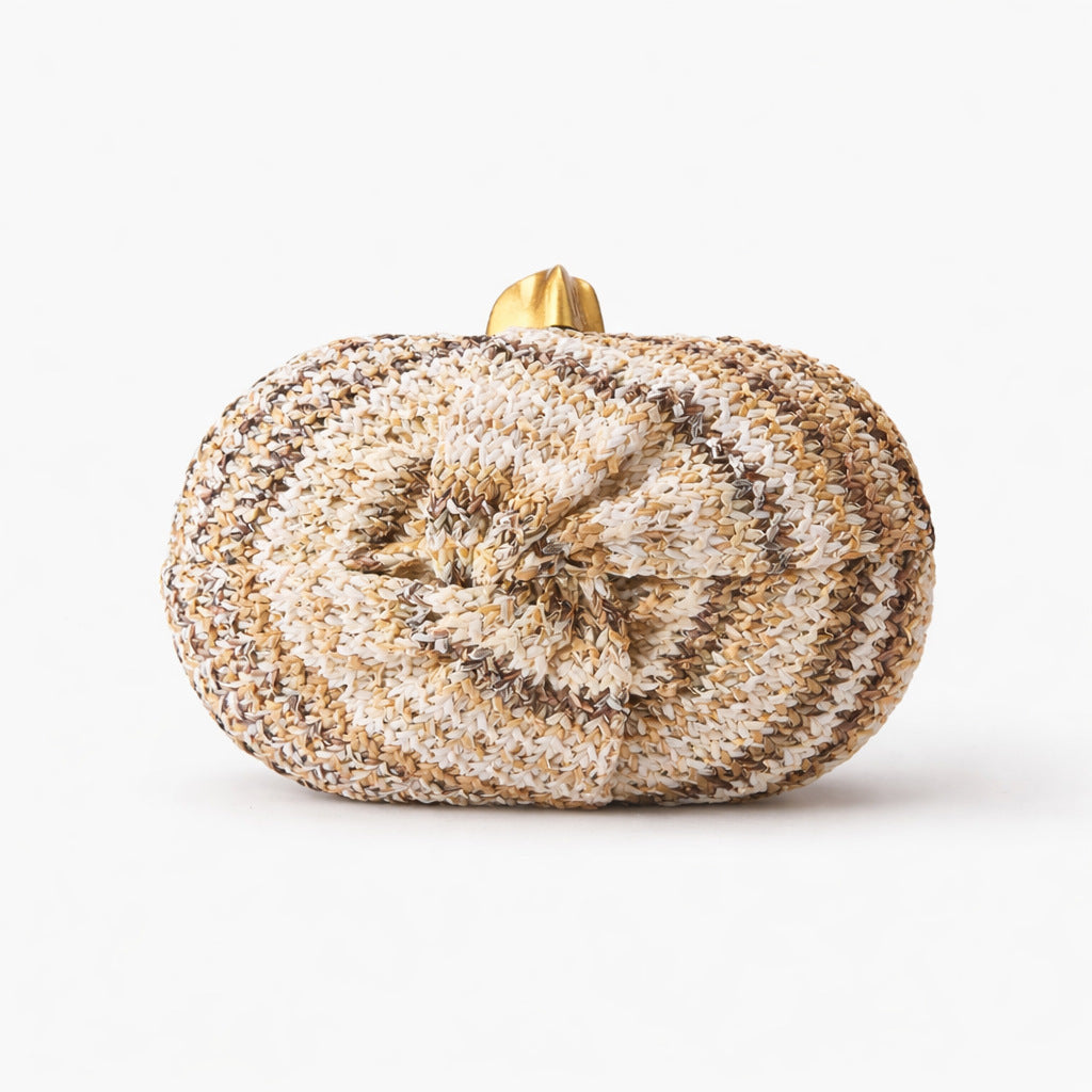 Woven Straw Evening Clutch With Chain Strap - Coffee