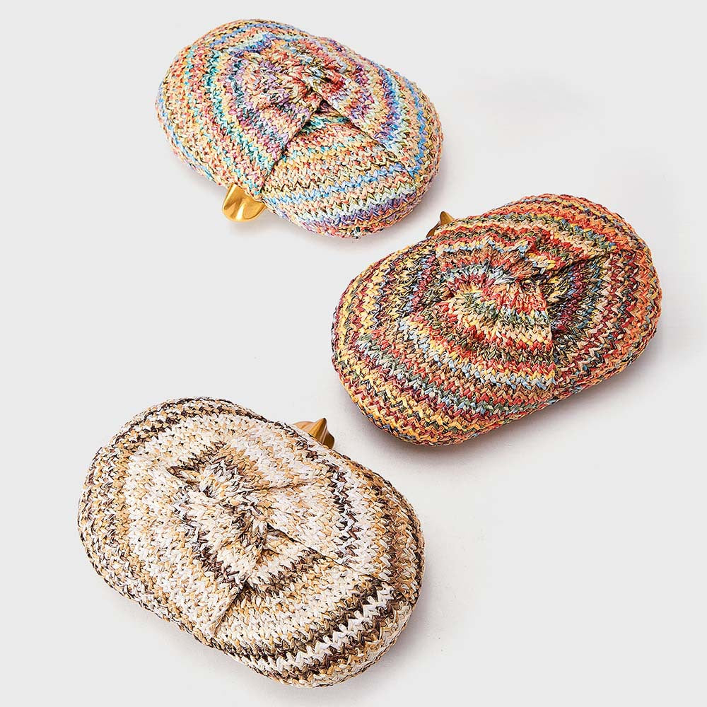Woven Straw Evening Clutch With Chain Strap - Coffee - 1