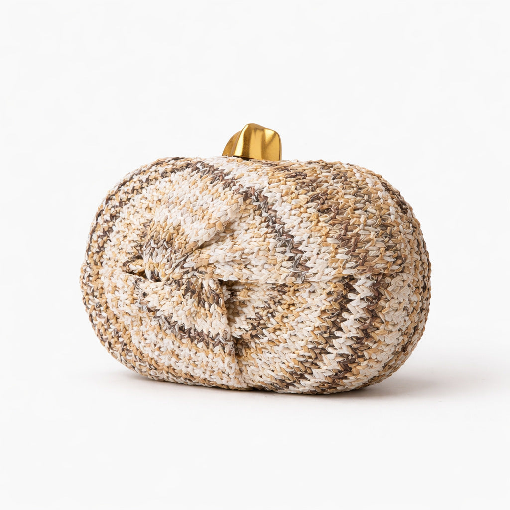 Woven Straw Evening Clutch With Chain Strap - Coffee - 3