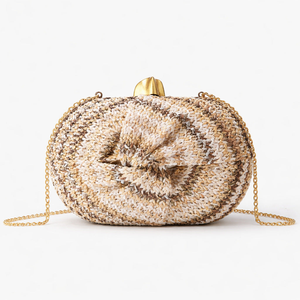 Woven Straw Evening Clutch With Chain Strap - Coffee - 4