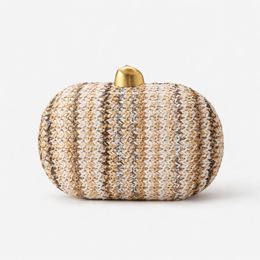 Woven Straw Evening Clutch With Chain Strap - Coffee - 5