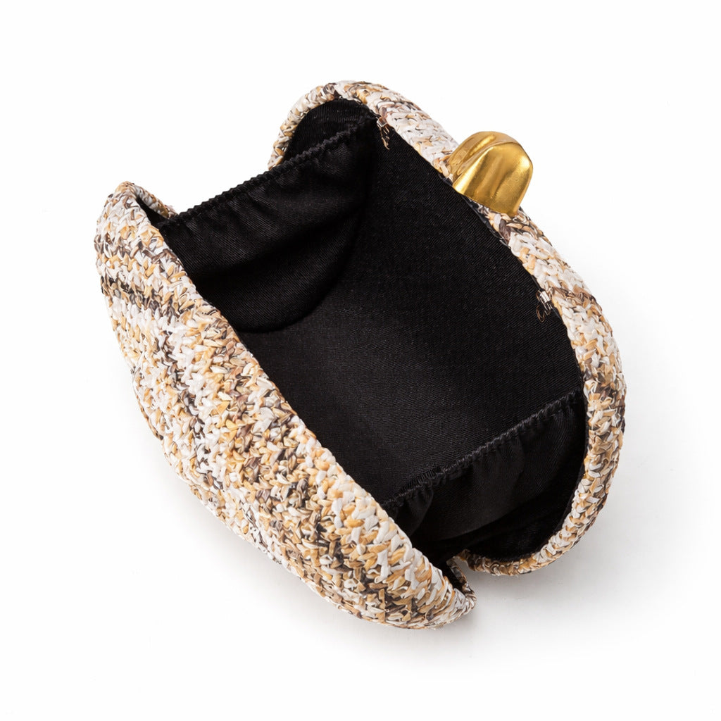 Woven Straw Evening Clutch With Chain Strap - Coffee - 6