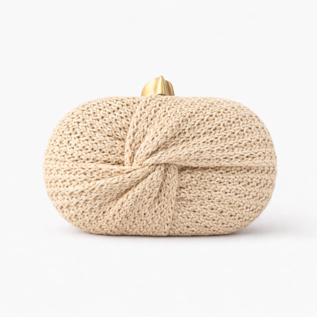 Woven Straw Evening Clutch With Chain Strap - Khaki