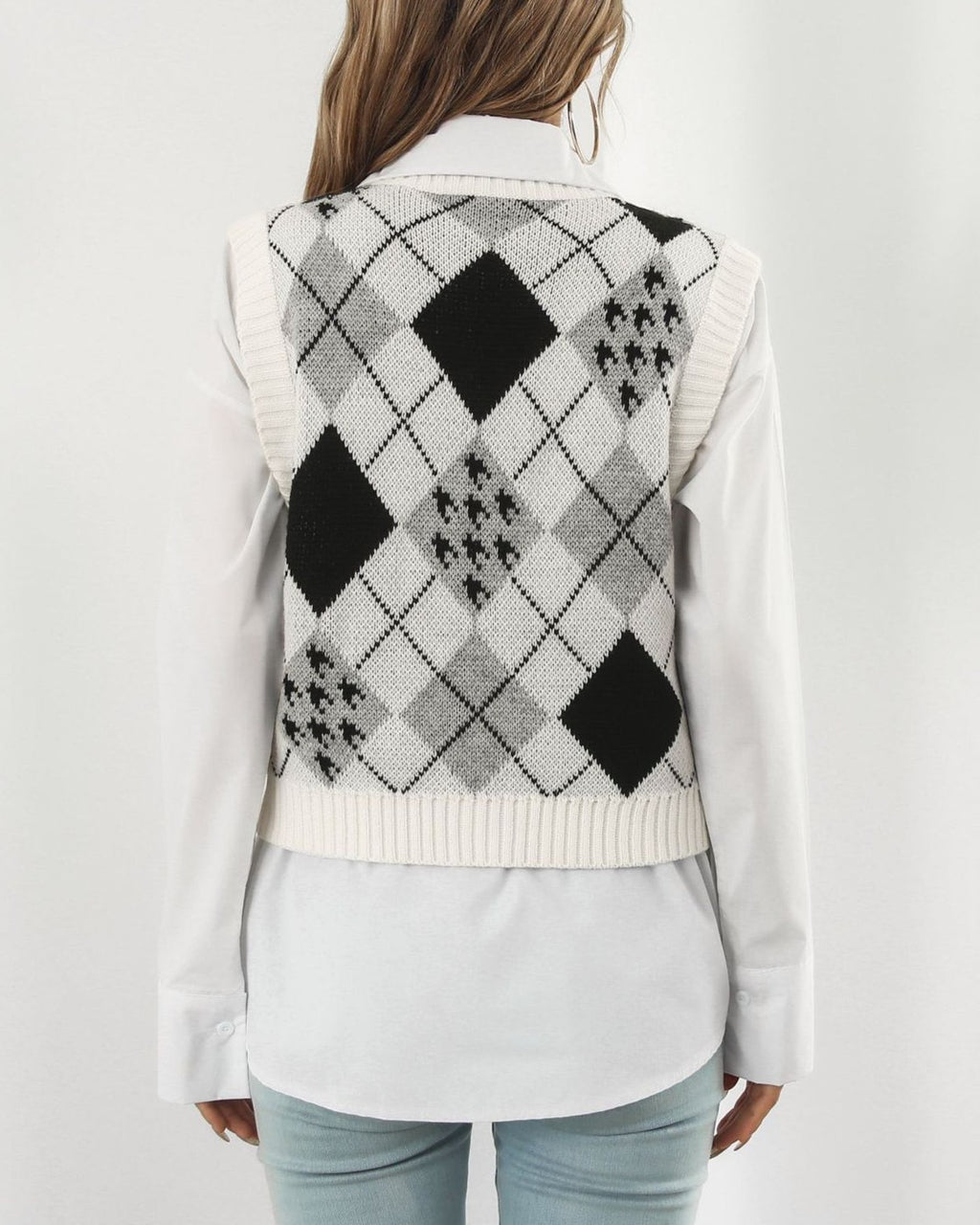 Argyle Diamond Knit Sweater Vest - White - 3