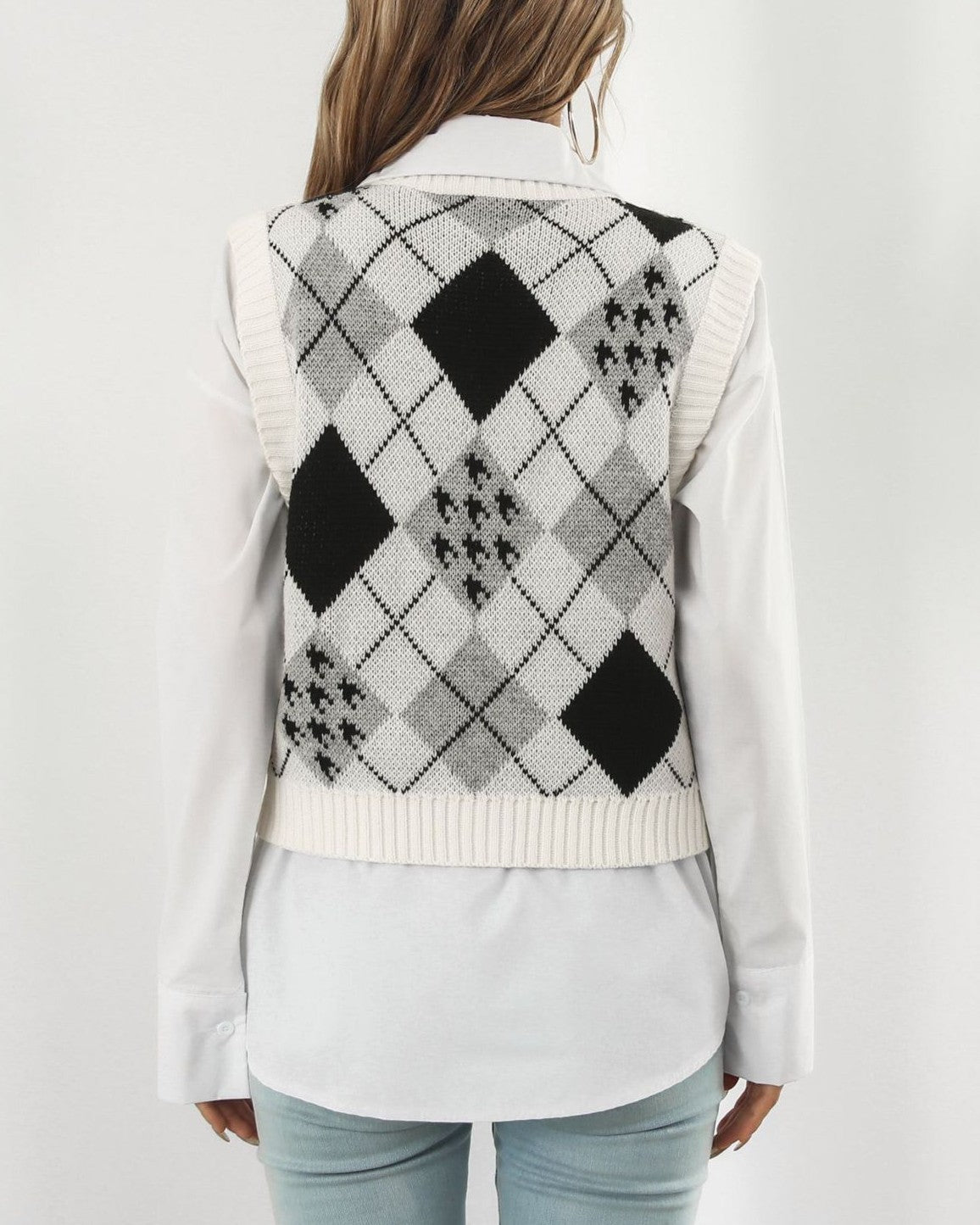 Argyle Diamond Knit Sweater Vest - White - 3