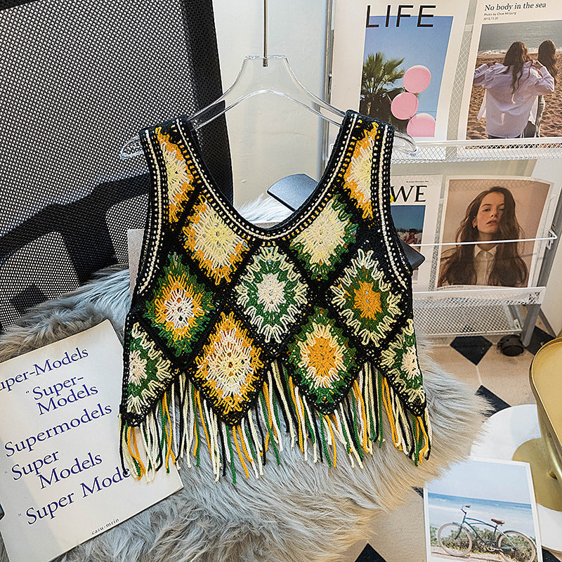 Granny Square Crochet Fringe Crop Tank - Black