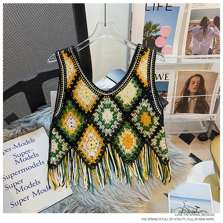 Granny Square Crochet Fringe Crop Tank - Black - 1