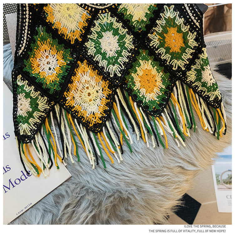 Granny Square Crochet Fringe Crop Tank - Black - 3