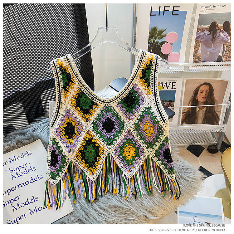 Granny Square Crochet Fringe Crop Tank - Green - 1