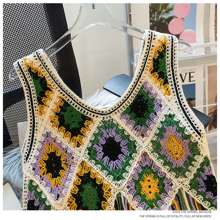 Granny Square Crochet Fringe Crop Tank - Green - 3