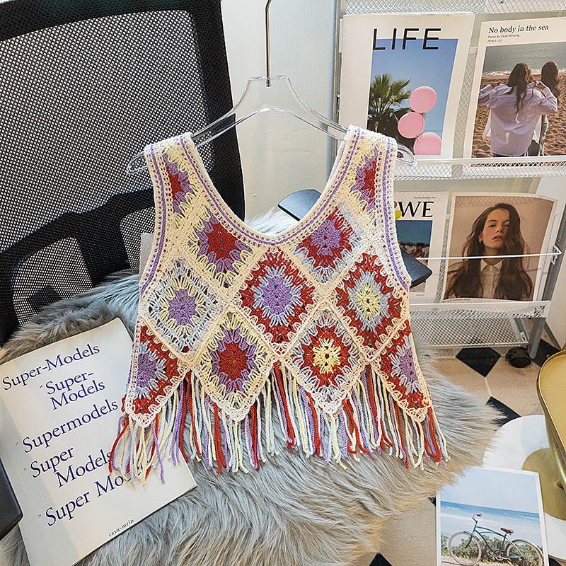 Granny Square Crochet Fringe Crop Tank - Purple - 1