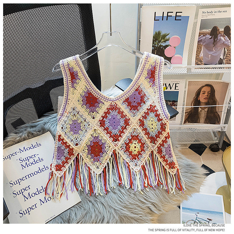 Granny Square Crochet Fringe Crop Tank - Purple - 2