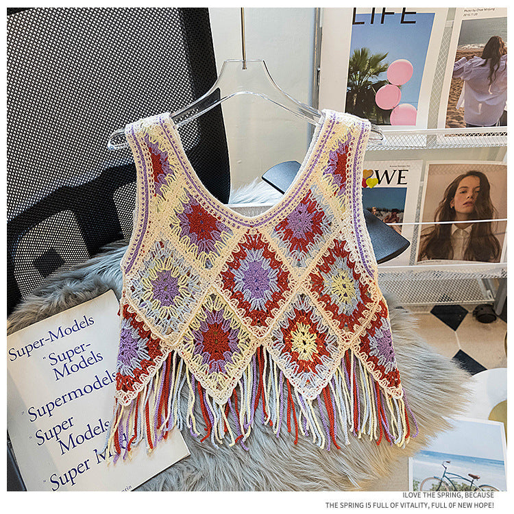 Granny Square Crochet Fringe Crop Tank - Purple - 3