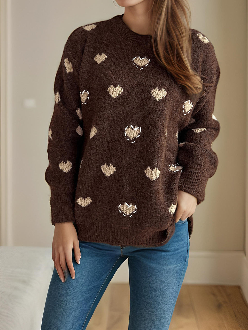 Fluffy Heart Motif Drop Shoulder Jumper - Brown