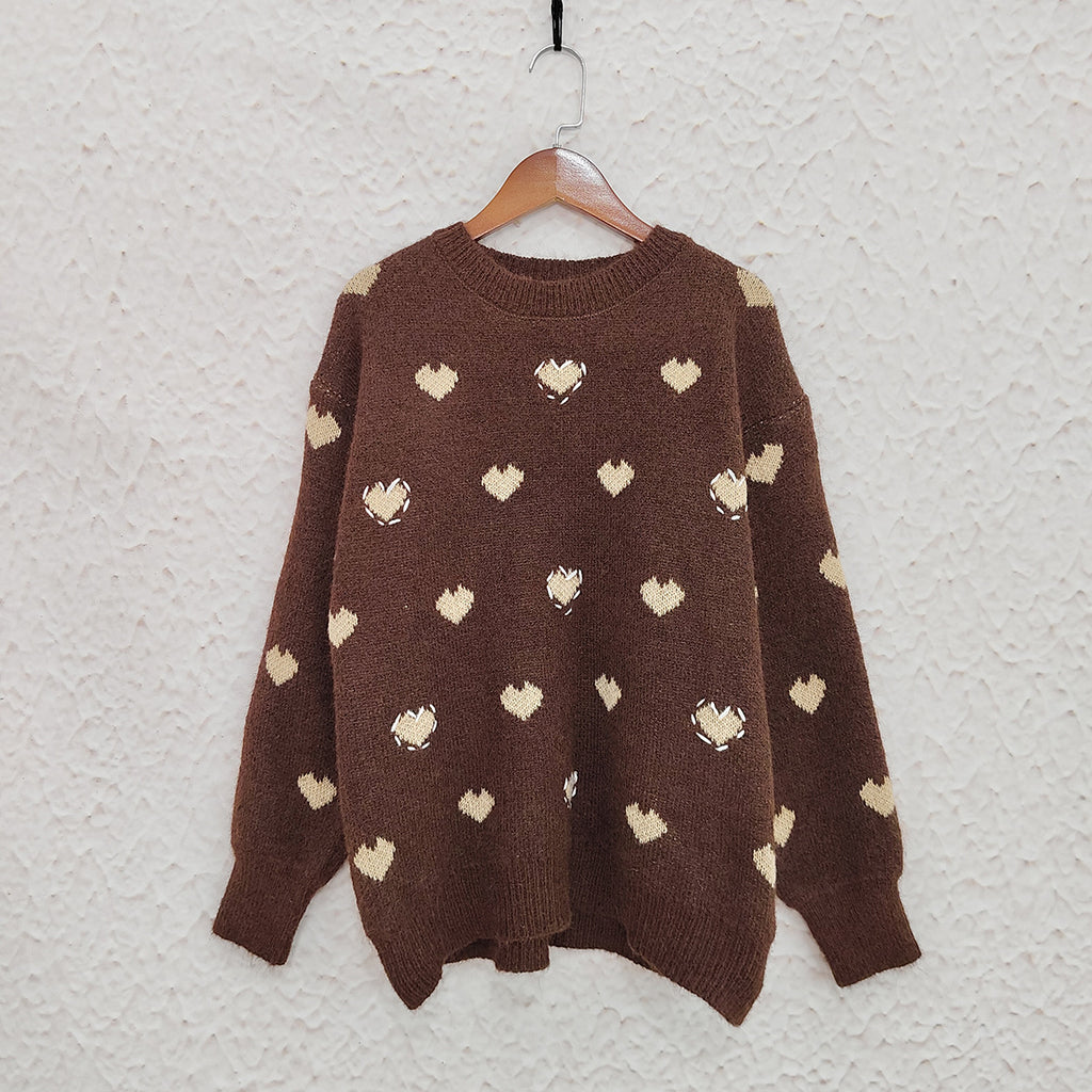 Fluffy Heart Motif Drop Shoulder Jumper - Brown - 1