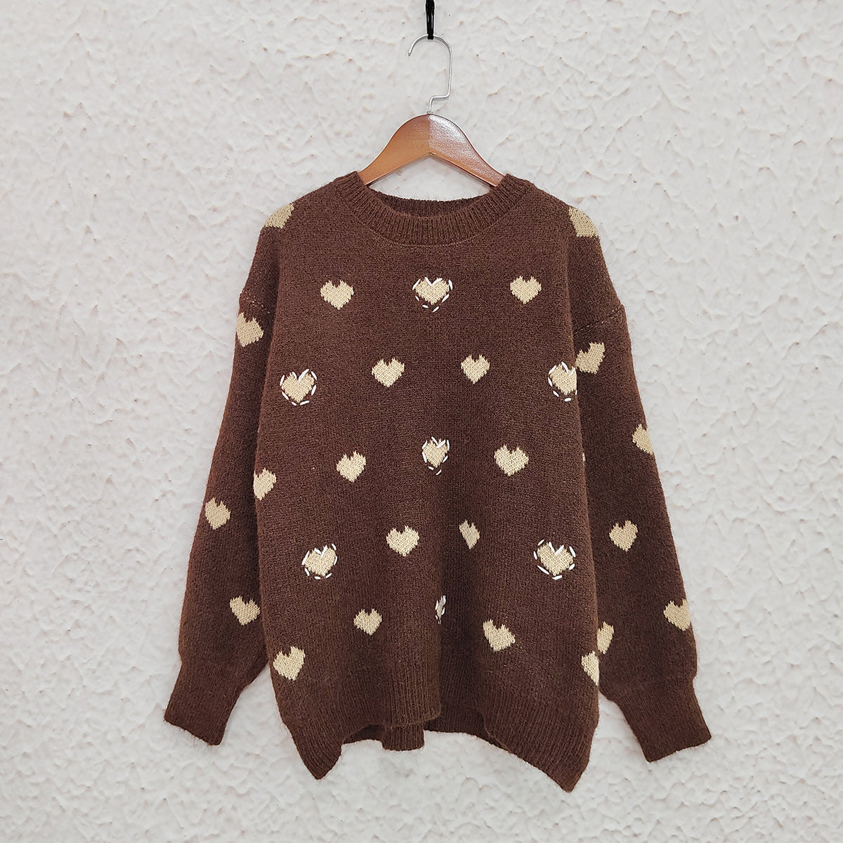 Fluffy Heart Motif Drop Shoulder Jumper - Brown - 1