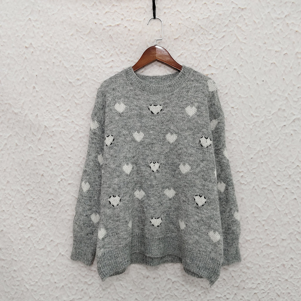 Fluffy Heart Motif Drop Shoulder Jumper - Grey