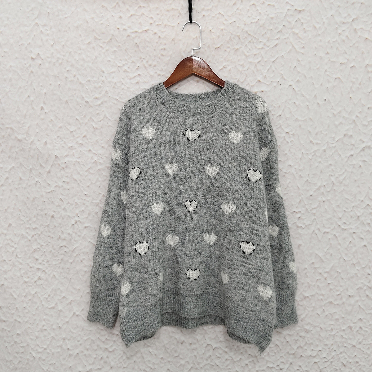 Fluffy Heart Motif Drop Shoulder Jumper - Grey