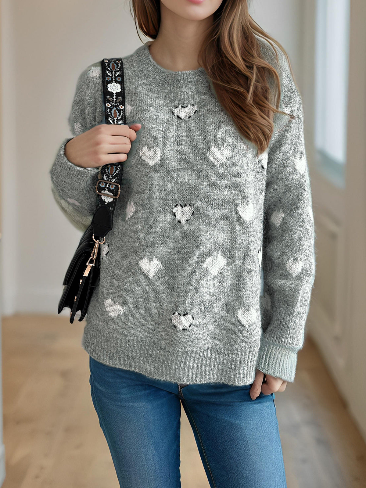 Fluffy Heart Motif Drop Shoulder Jumper - Grey - 2